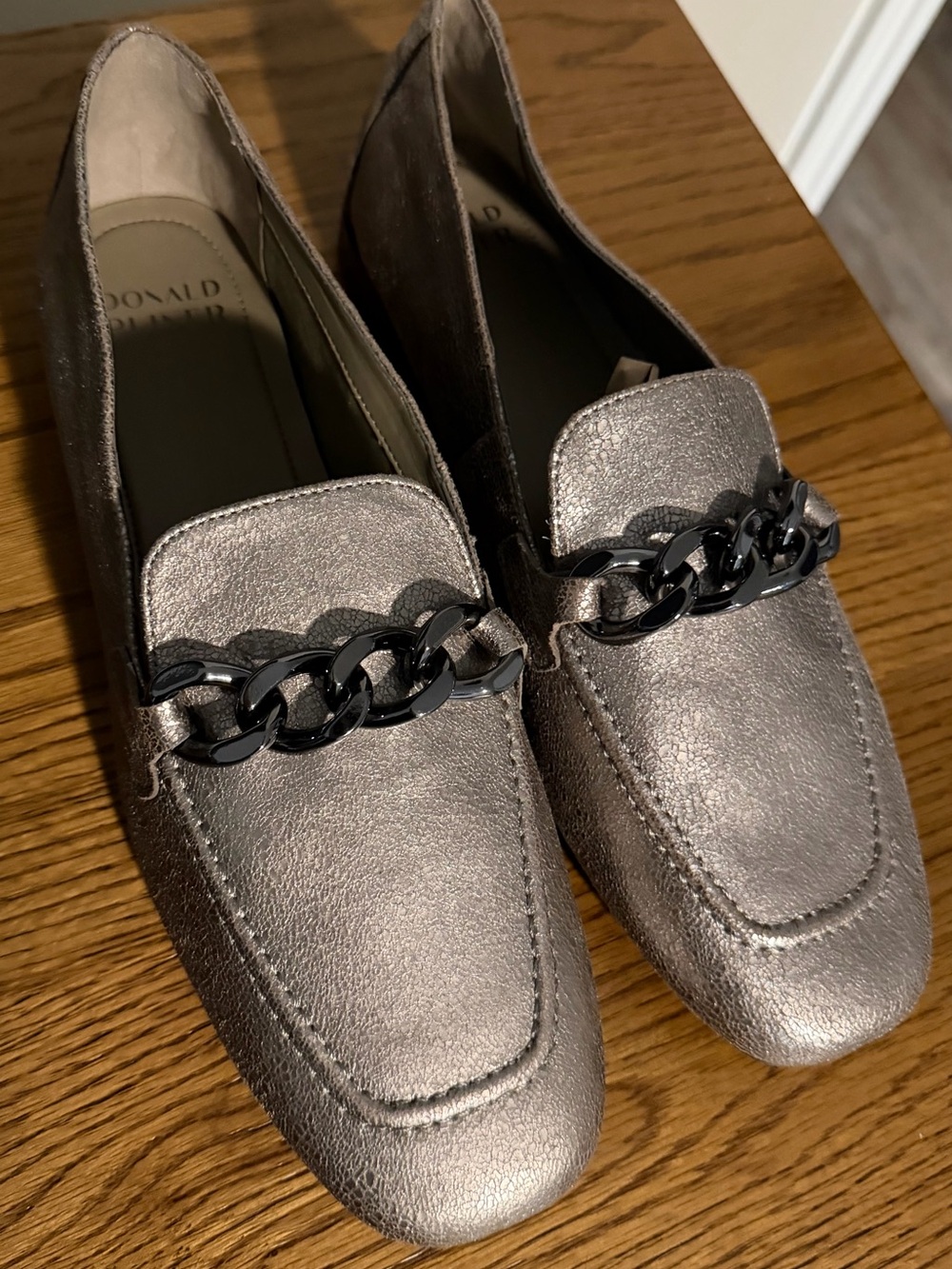 Donald J. Pliner Metallic Pewter Loafers with Chain Accent